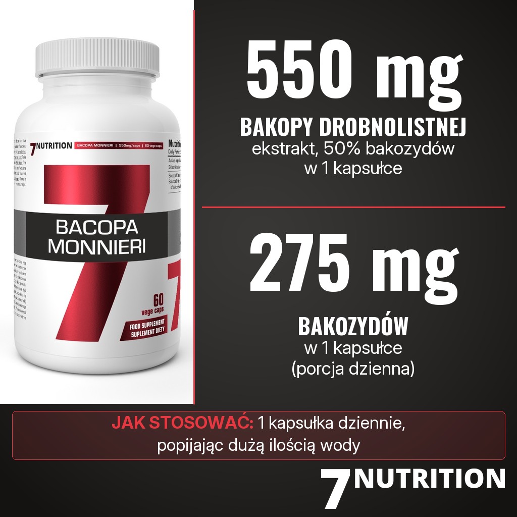 7Nutrition Bacopa Monnieri: 550 mg ekstraktu z bakopy drobnolistnej (50% bakozydów), 275 mg bakozydów w 1 kapsułce, 1 kapsułka dziennie