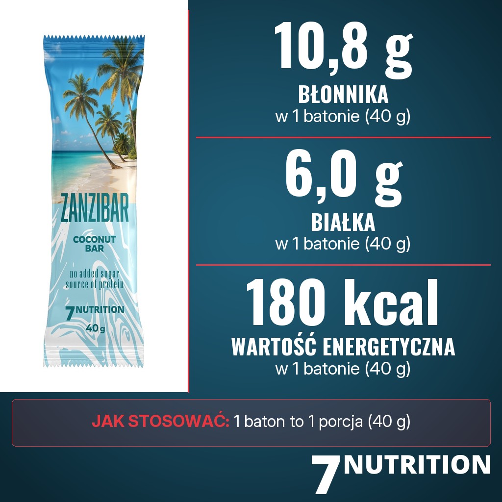 7Nutrition Bar Zanzibar Coconut: 10,8 g błonnika, 6,0 g białka i 180 kcal w batonie 40 g