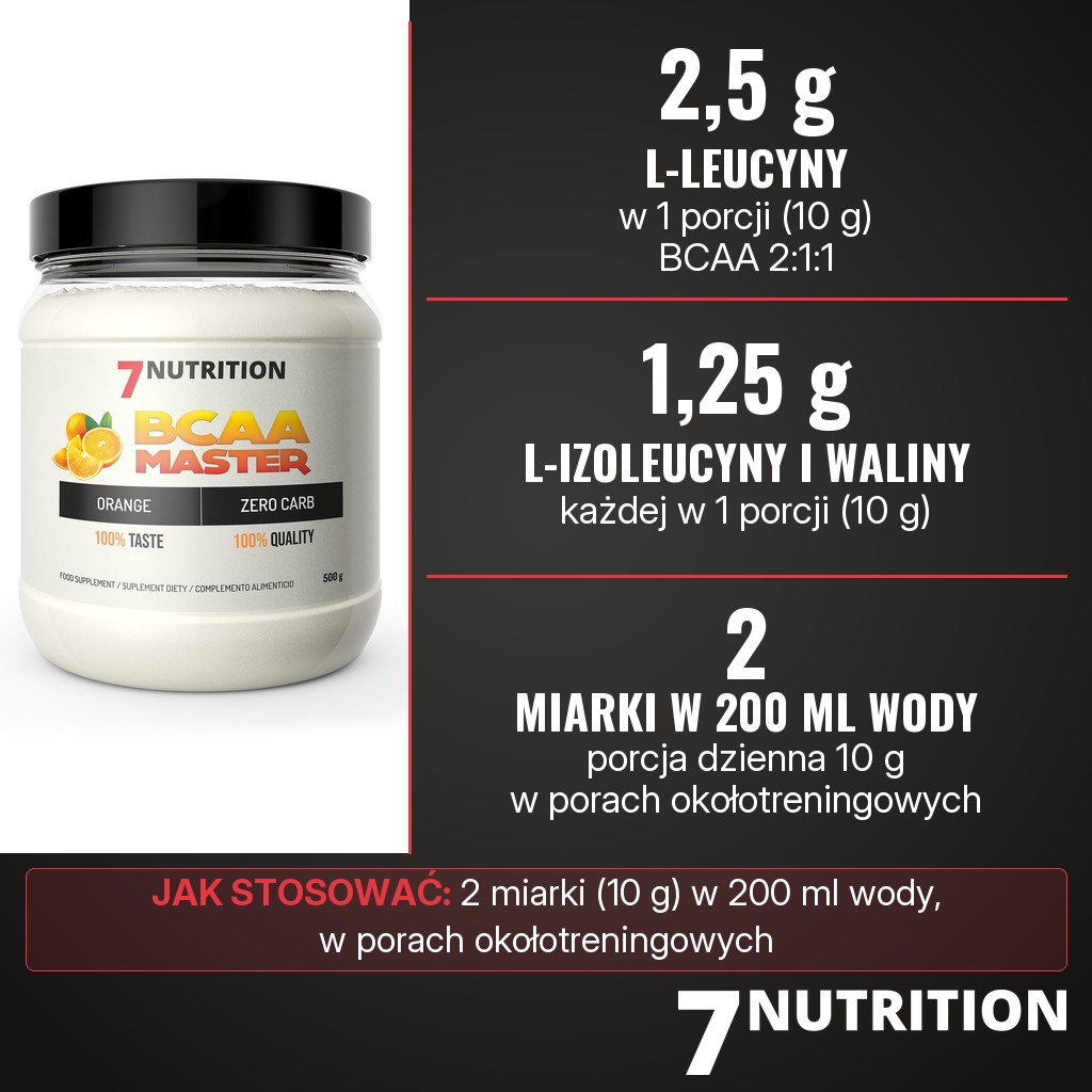 7Nutrition BCAA Master: 2,5 g L-leucyny oraz po 1,25 g L-izoleucyny i L-waliny w porcji 10 g, 2 miarki w 200 ml wody