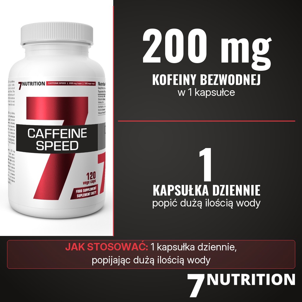 7Nutrition Caffeine Speed: 200 mg kofeiny bezwodnej w 1 kapsułce, 1 kapsułka dziennie