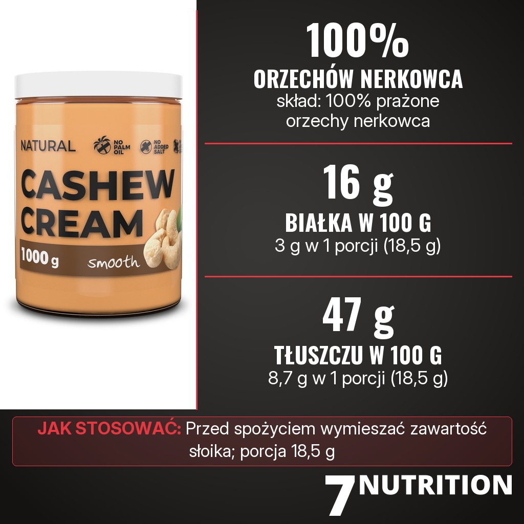 7Nutrition Cashew Cream: 100% prażone orzechy nerkowca, 16 g białka i 47 g tłuszczu w 100 g