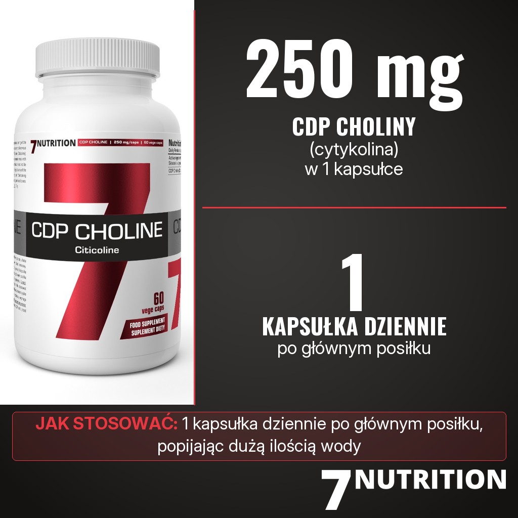 7Nutrition CDP Choline: 250 mg CDP choliny (cytykoliny) w 1 kapsułce, 1 kapsułka dziennie po głównym posiłku