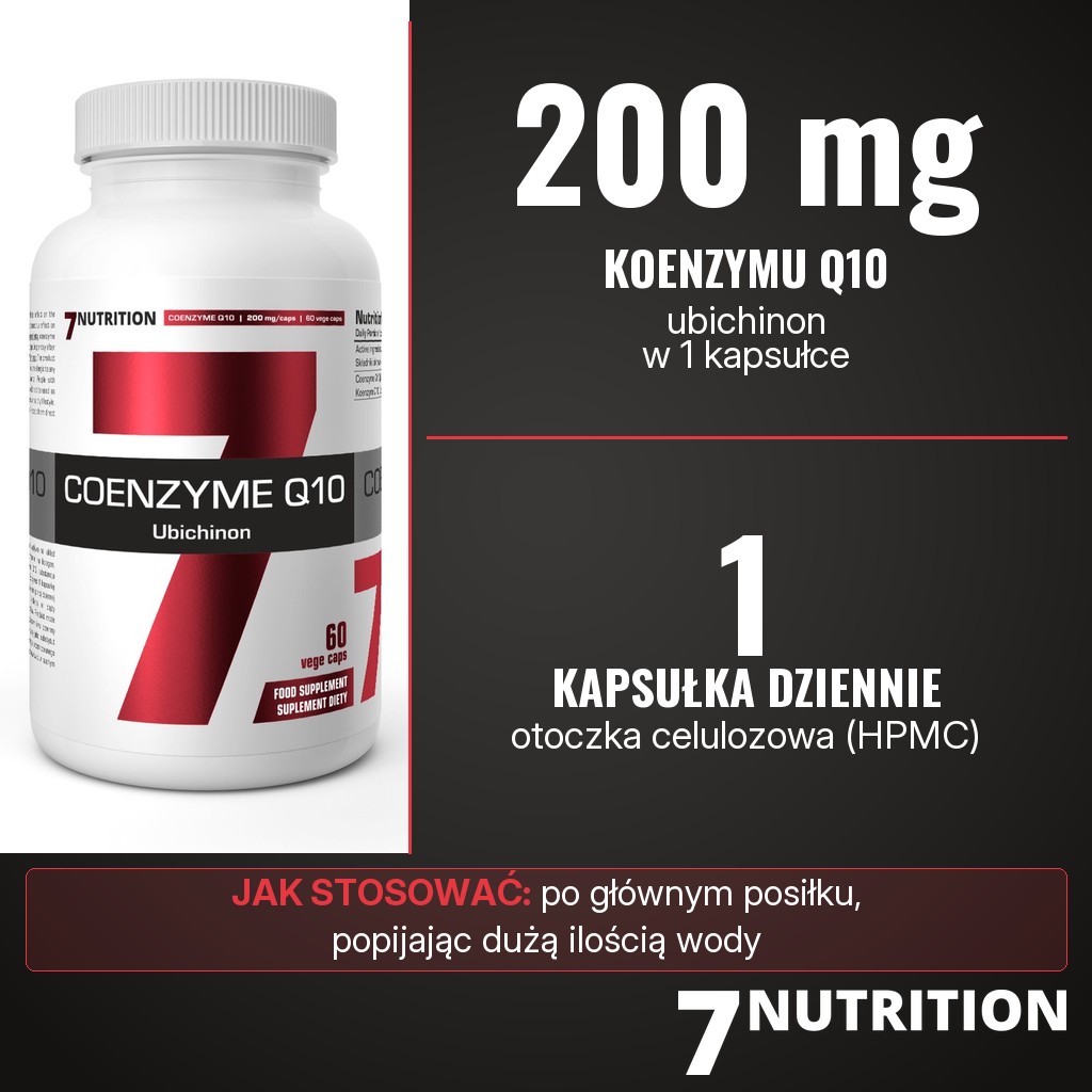 7Nutrition Coenzyme Q10 200 mg: 200 mg koenzymu Q10 (ubichinon) w 1 kapsułce, 1 kapsułka dziennie po głównym posiłku