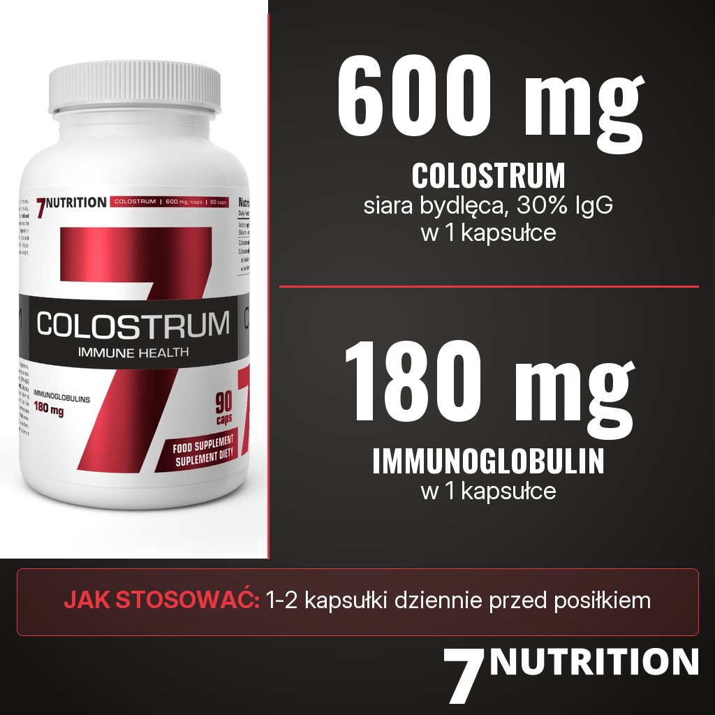 7Nutrition Colostrum: 600 mg siary bydlęcej (30% IgG) i 180 mg immunoglobulin w 1 kapsułce, 1-2 kapsułki dziennie przed posiłkiem
