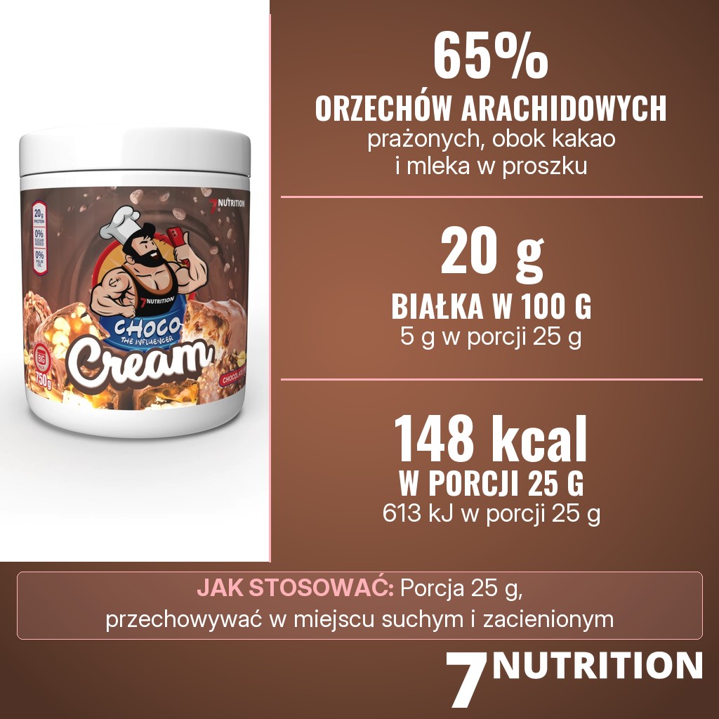 7Nutrition Cream Chocolate Peanut Crunch: 65% prażonych orzechów arachidowych, 20 g białka w 100 g, 148 kcal w porcji 25 g