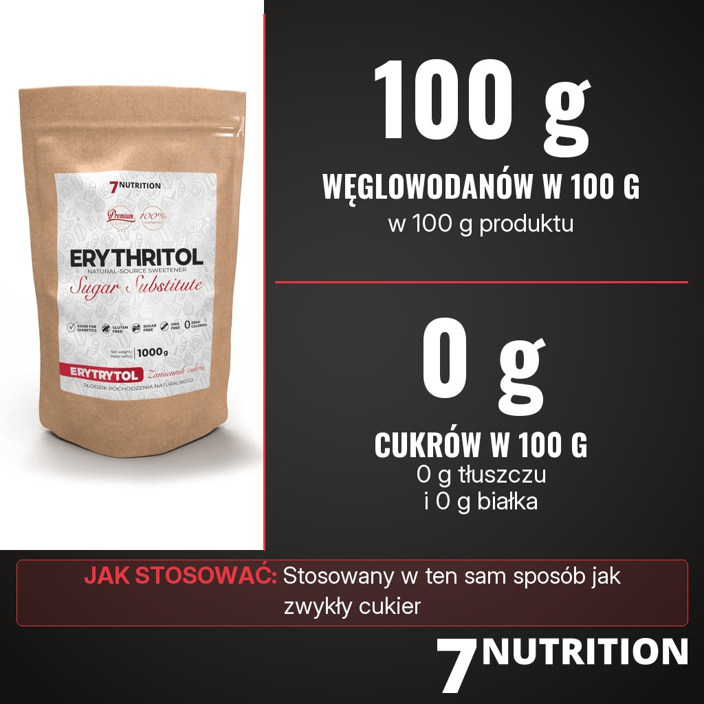 7Nutrition Erytrytol: 100 g węglowodanów i 0 g cukrów w 100 g, stosowany jak zwykły cukier