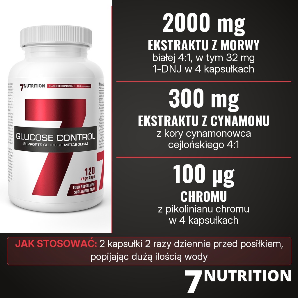 7Nutrition Glucose Control: 2000 mg ekstraktu z liści morwy białej 4:1 (32 mg 1-DNJ), 300 mg ekstraktu z kory cynamonowca cejlońskiego 4:1 i 100 µg chromu w 4 kapsułkach dziennie