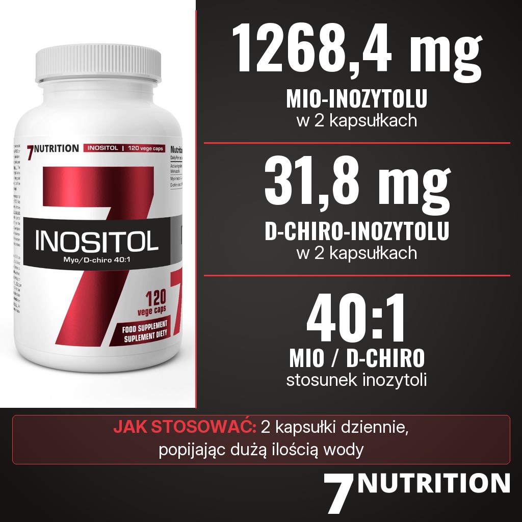 7Nutrition Inositol: 1268,4 mg mio-inozytolu i 31,8 mg D-chiro-inozytolu (40:1) w 2 kapsułkach dziennie