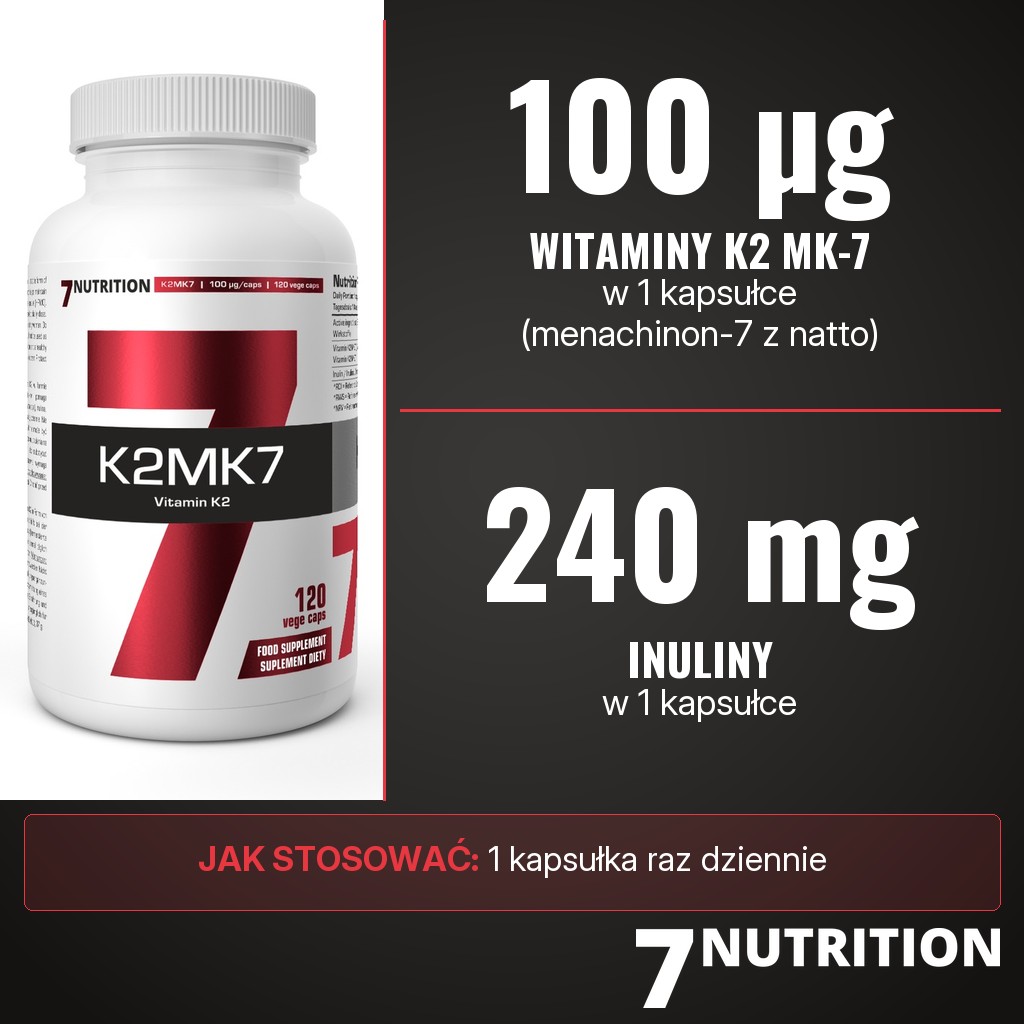 7Nutrition K2 MK7: 100 µg witaminy K2 MK-7 (menachinon-7 z natto) i 240 mg inuliny w 1 kapsułce, 1 kapsułka raz dziennie