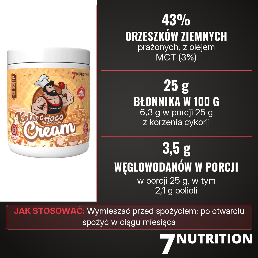 7Nutrition Peanut Salted Caramel Crunch Keto Cream: 43% prażonych orzeszków ziemnych i 25 g błonnika w 100 g