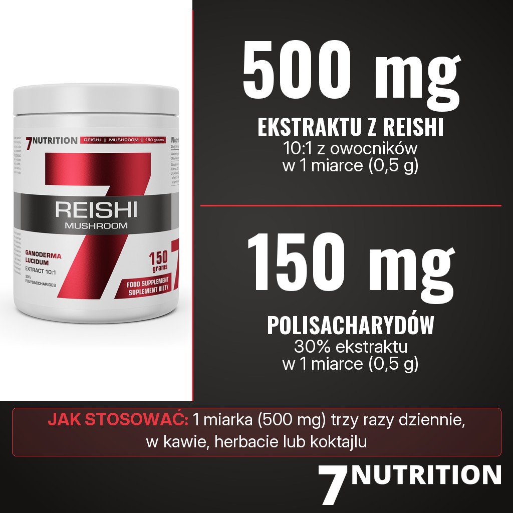 7Nutrition Reishi Mushroom: 500 mg ekstraktu 10:1 z lakownicy żółtawej (reishi) i 150 mg polisacharydów w 1 miarce 0,5 g, 1 miarka trzy razy dziennie