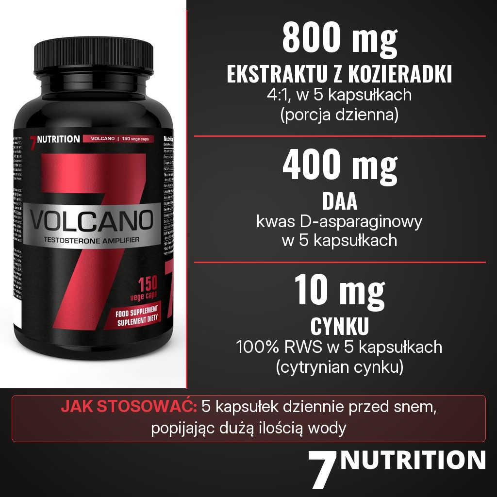 7Nutrition Volcano: 800 mg ekstraktu z kozieradki 4:1, 400 mg kwasu D-asparaginowego (DAA) i 10 mg cynku w porcji 5 kapsułek, 5 kapsułek dziennie przed snem