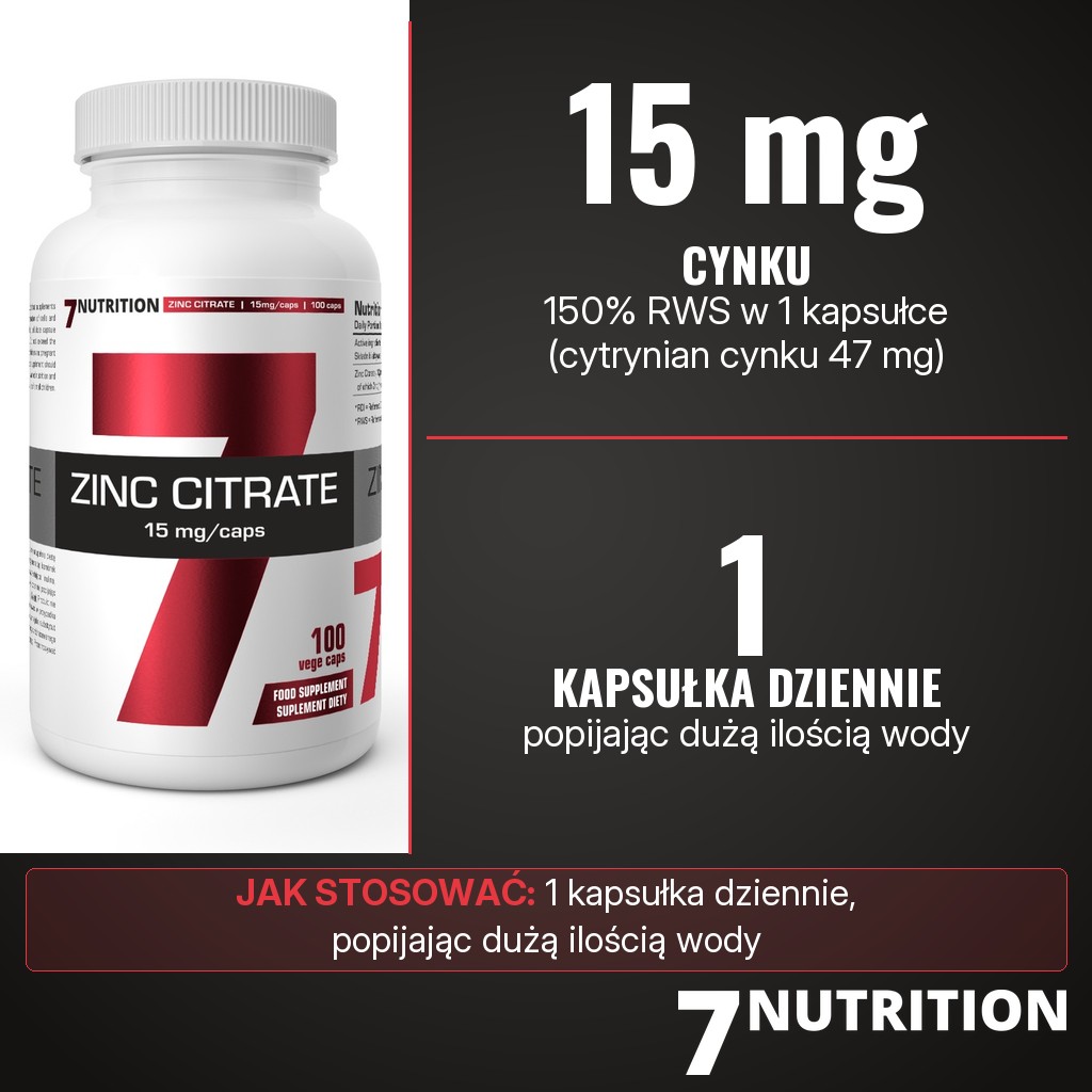 7Nutrition Zinc Citrate 15 mg: 15 mg cynku z cytrynianu cynku w 1 kapsułce, 1 kapsułka dziennie