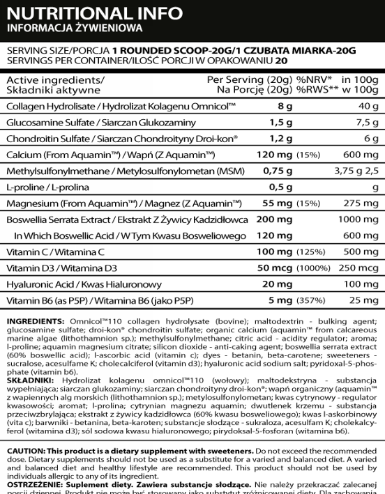 Informacja żywieniowa Testosterone.pl Joints 400 g