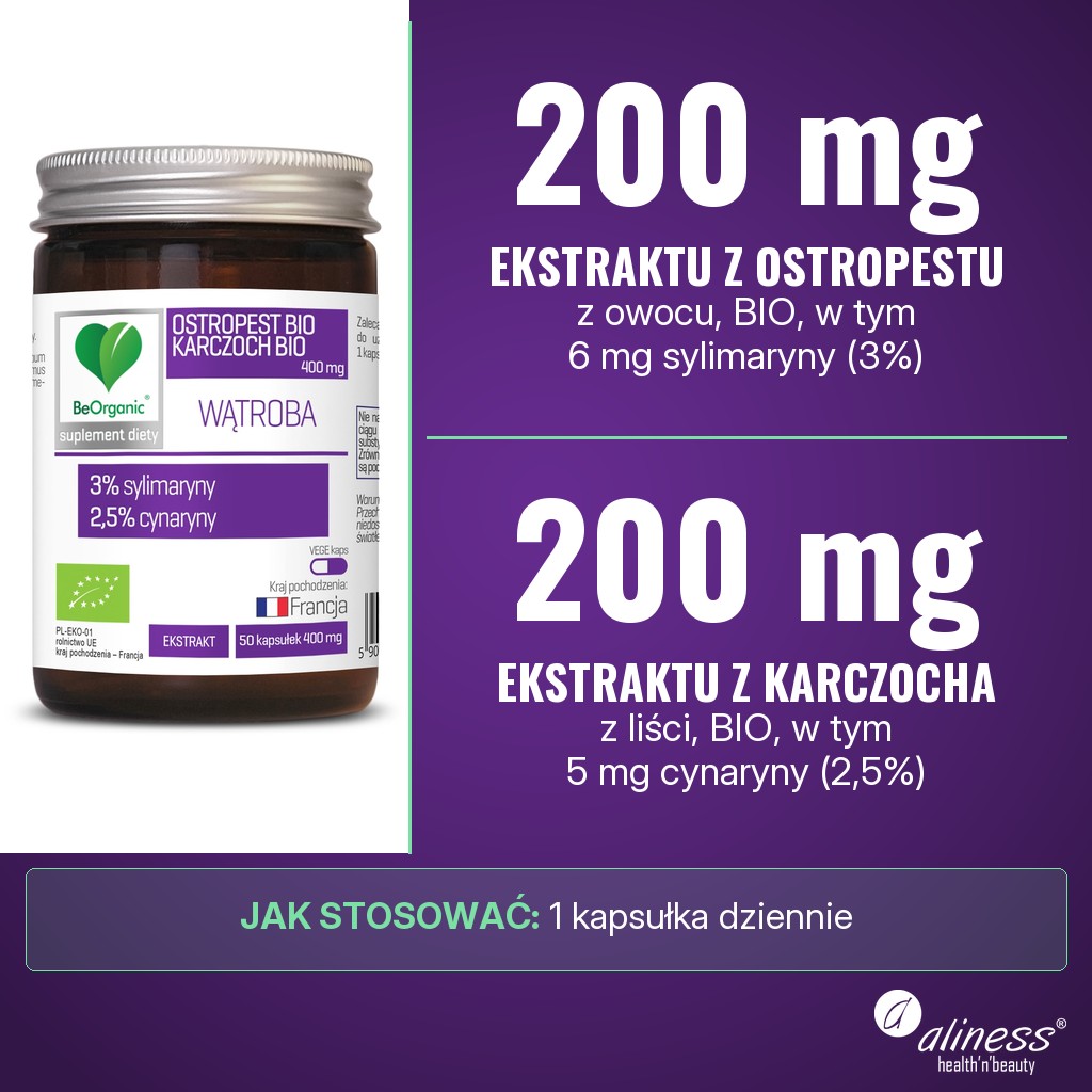 Aliness Ostropest BIO 3% + Karczoch BIO 2,5% 400 mg: 200 mg ekstraktu z owocu ostropestu plamistego BIO (6 mg sylimaryny) i 200 mg ekstraktu z liści karczocha BIO (5 mg cynaryny) w 1 kapsułce