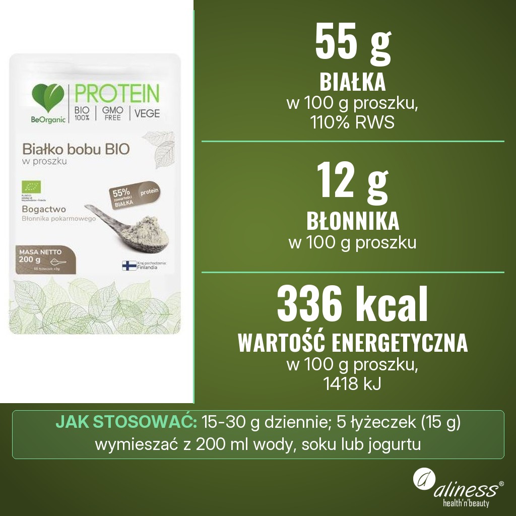 Aliness BeOrganic Białko bobu BIO: 55 g białka i 12 g błonnika w 100 g proszku, 336 kcal w 100 g, 15-30 g dziennie