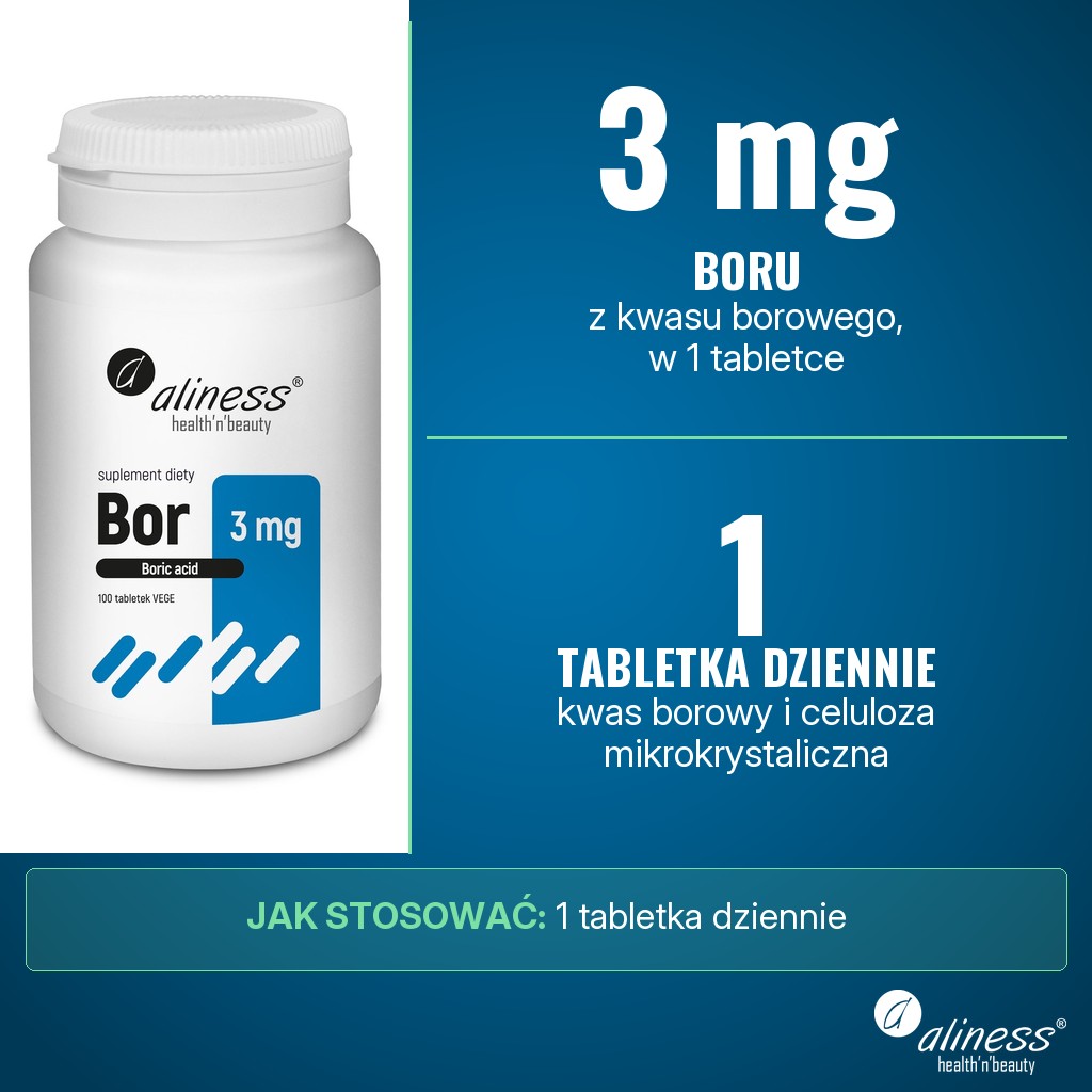 Aliness Bor 3 mg (kwas borowy): 3 mg boru z kwasu borowego w 1 tabletce, porcja dzienna 1 tabletka