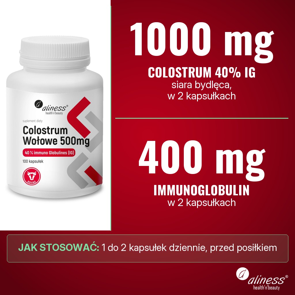 Aliness Colostrum Wołowe IG 40% 500 mg: 1000 mg colostrum (siara bydlęca z mleka krowiego) z 400 mg immunoglobulin w 2 kapsułkach