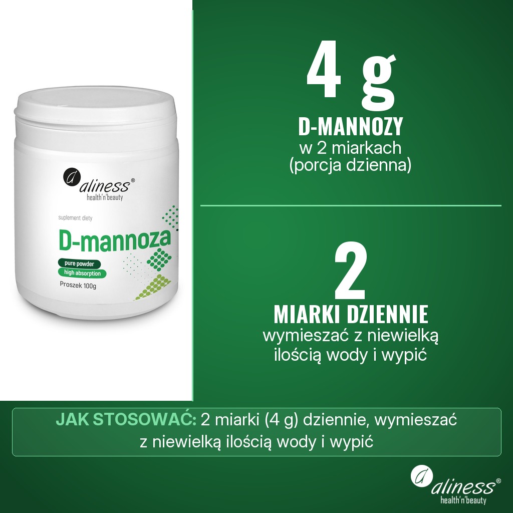 Aliness D-mannoza proszek: 4 g D-mannozy w 2 miarkach proszku (porcja dzienna), wymieszać z niewielką ilością wody