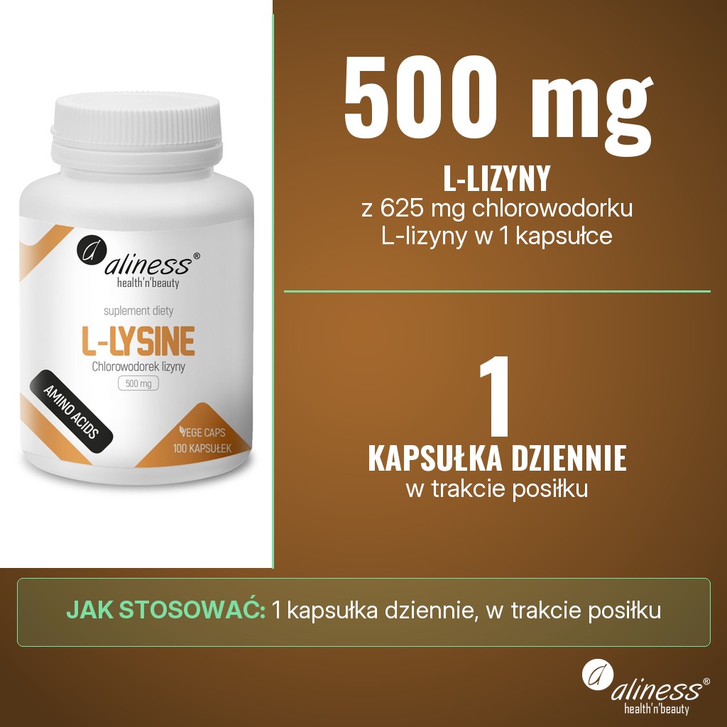 Aliness L-Lysine 500 mg: 500 mg L-lizyny z 625 mg chlorowodorku L-lizyny w 1 kapsułce, porcja dzienna 1 kapsułka w trakcie posiłku