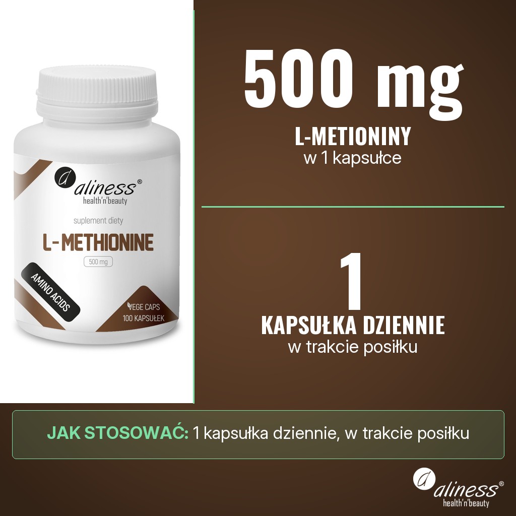 Aliness L-Methionine 500 mg: 500 mg L-metioniny w 1 kapsułce, porcja dzienna 1 kapsułka w trakcie posiłku