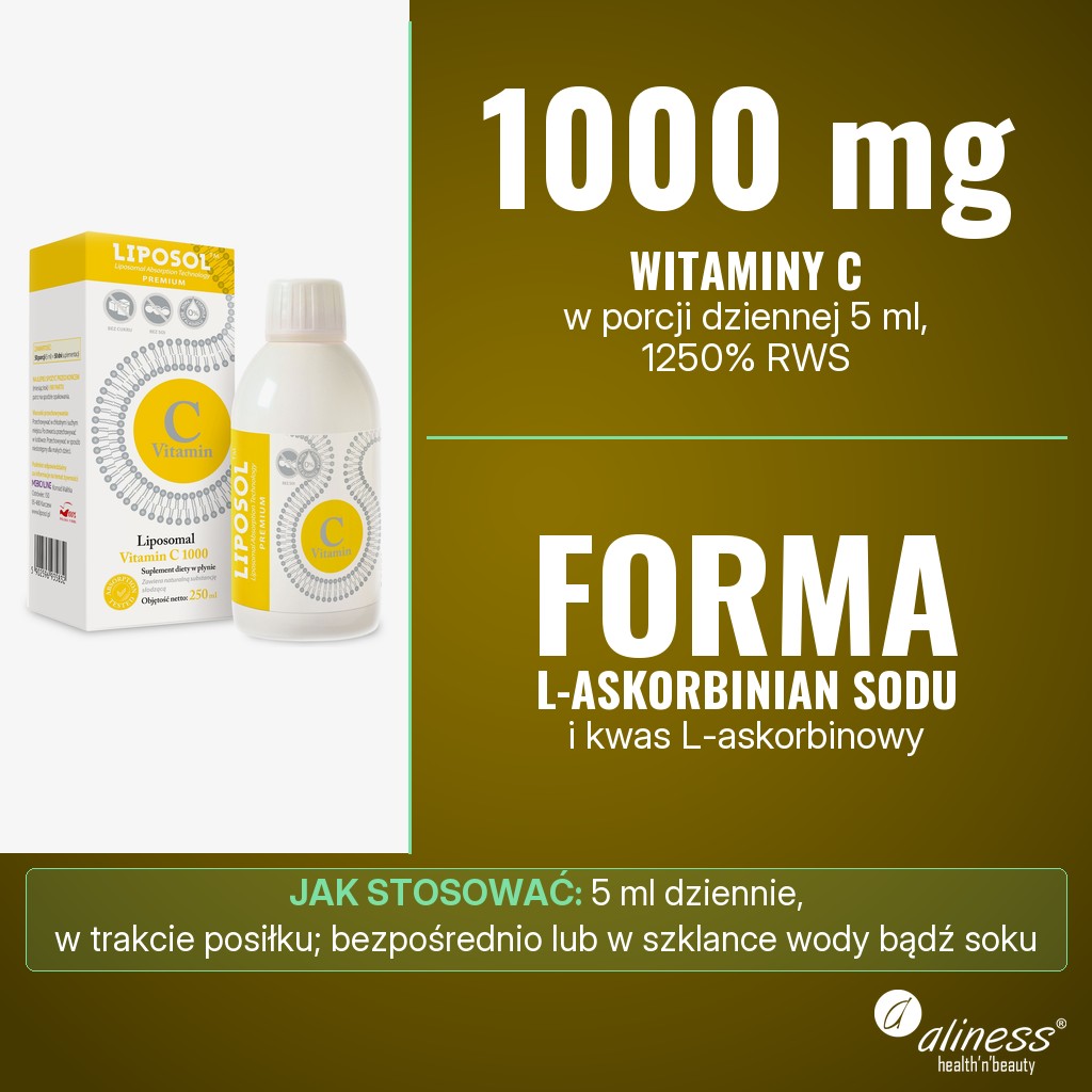 Aliness Liposol C 1000 (buforowana): 1000 mg witaminy C (L-askorbinian sodu i kwas L-askorbinowy) w porcji dziennej 5 ml