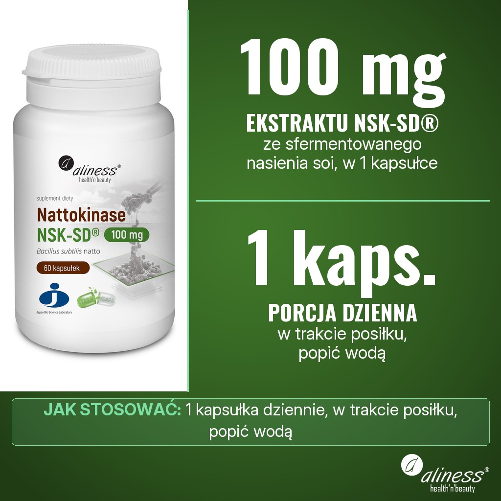Aliness Nattokinase NSK-SD® 100 mg: 100 mg ekstraktu ze sfermentowanego nasienia soi NSK-SD® w 1 kapsułce, porcja dzienna 1 kapsułka