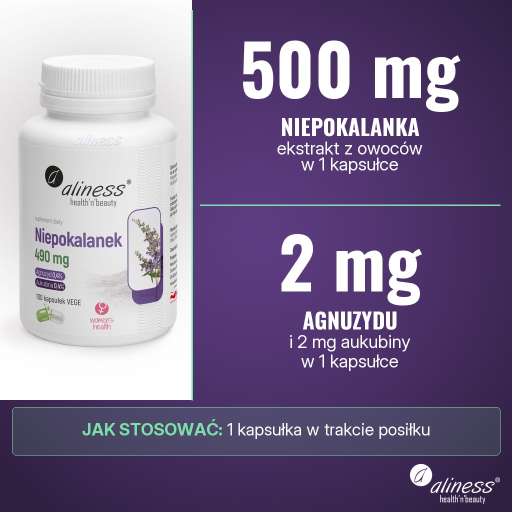 Aliness Niepokalanek 500 mg: 500 mg ekstraktu z owoców niepokalanka pospolitego, w tym 2 mg agnuzydu i 2 mg aukubiny, w 1 kapsułce