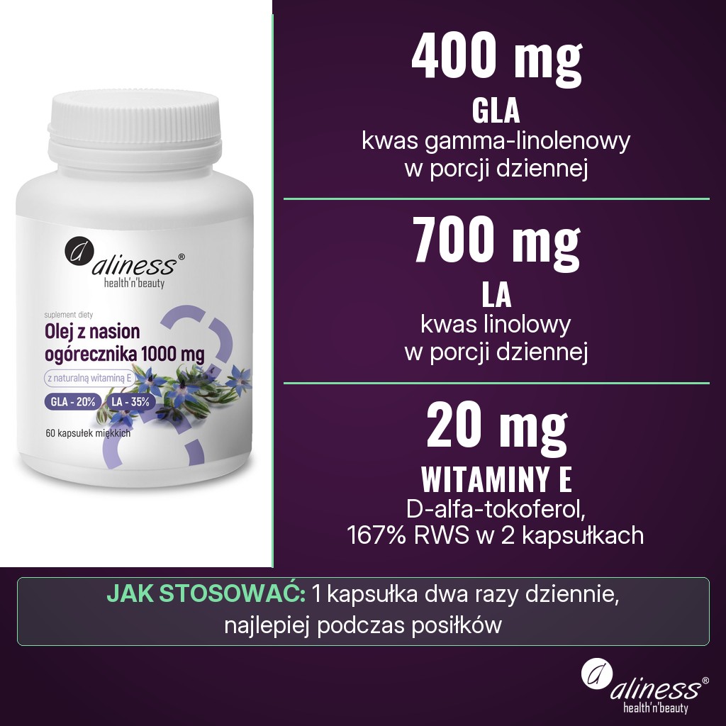 Aliness Olej z nasion ogórecznika 20%/35%, 1000 mg: 400 mg GLA, 700 mg LA i 20 mg witaminy E (D-alfa-tokoferol) w porcji dziennej 2 kapsułek