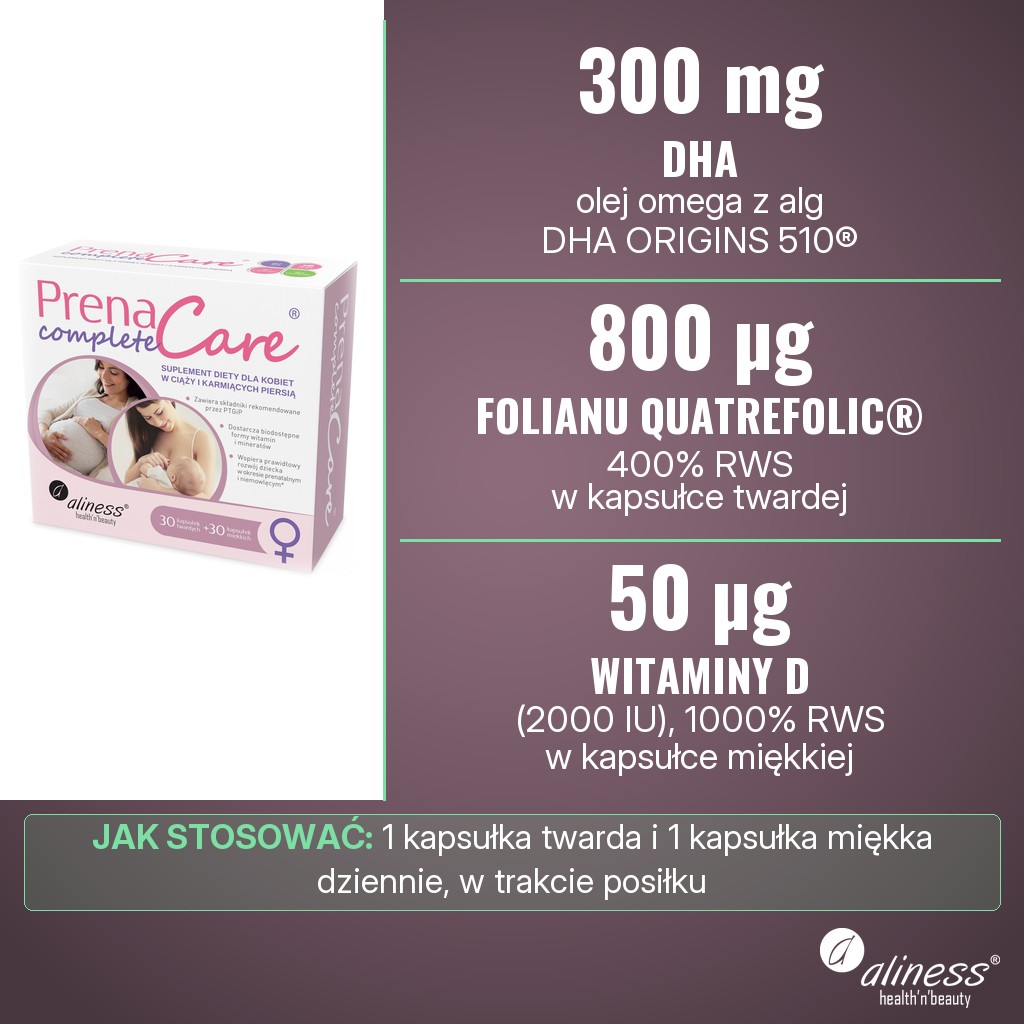 Aliness PrenaCare® Complete dla kobiet w ciąży i karmiących: 300 mg DHA z oleju z alg DHA ORIGINS 510® i 50 µg witaminy D (2000 IU) w kapsułce miękkiej, 800 µg folianu Quatrefolic® w kapsułce twardej, 1 kapsułka twarda i 1 miękka dziennie