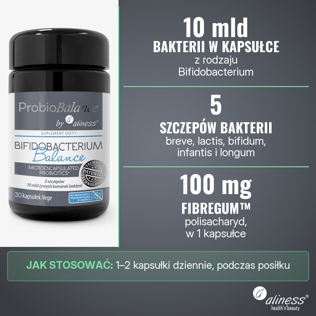 Aliness ProbioBalance Bifidobacterium Balance 10 mld: 10 mld bakterii z 5 szczepów Bifidobacterium i 100 mg polisacharydu Fibregum™ w kapsułce