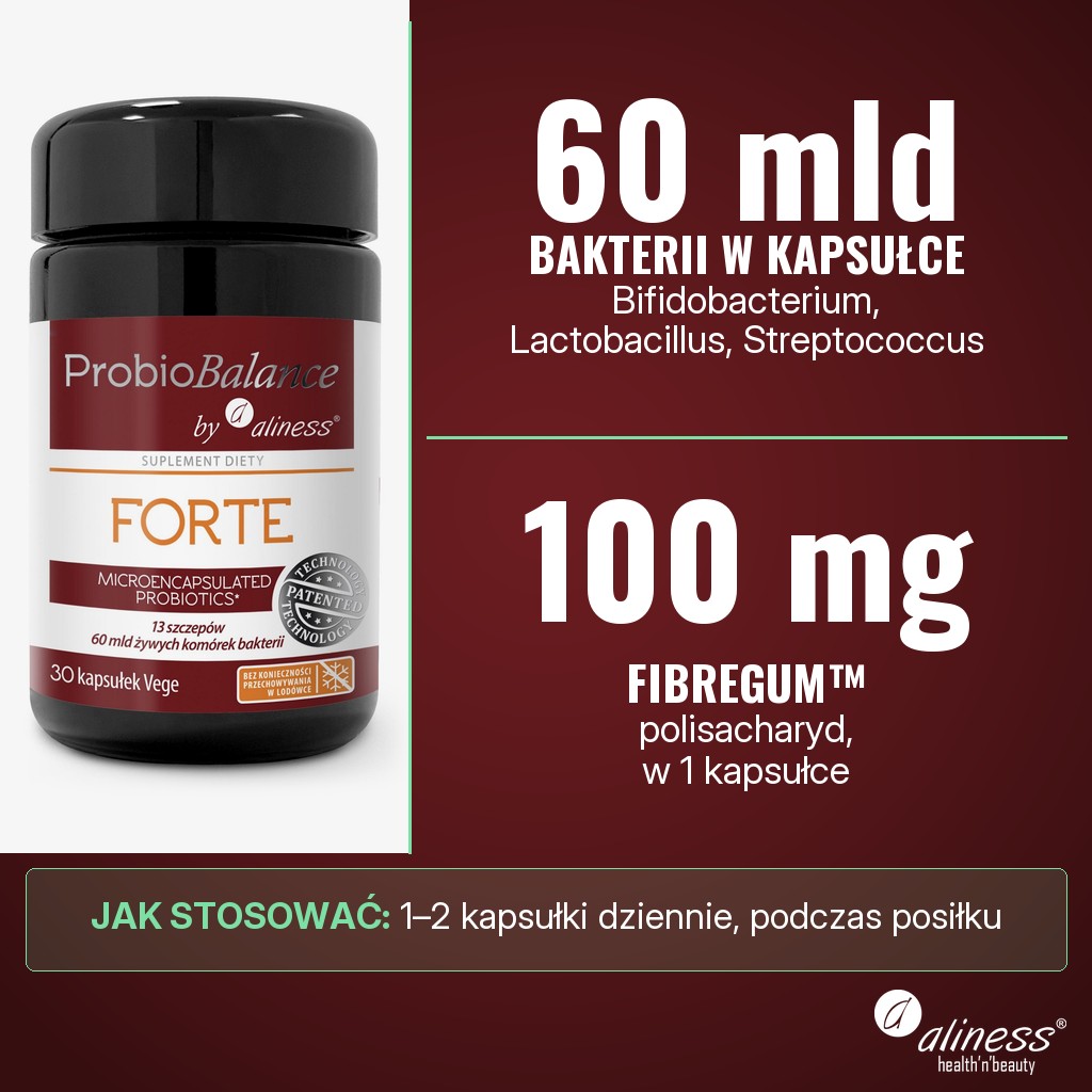 Aliness ProbioBalance FORTE: 60 mld bakterii (Bifidobacterium, Lactobacillus, Streptococcus) i 100 mg polisacharydu Fibregum™ w kapsułce
