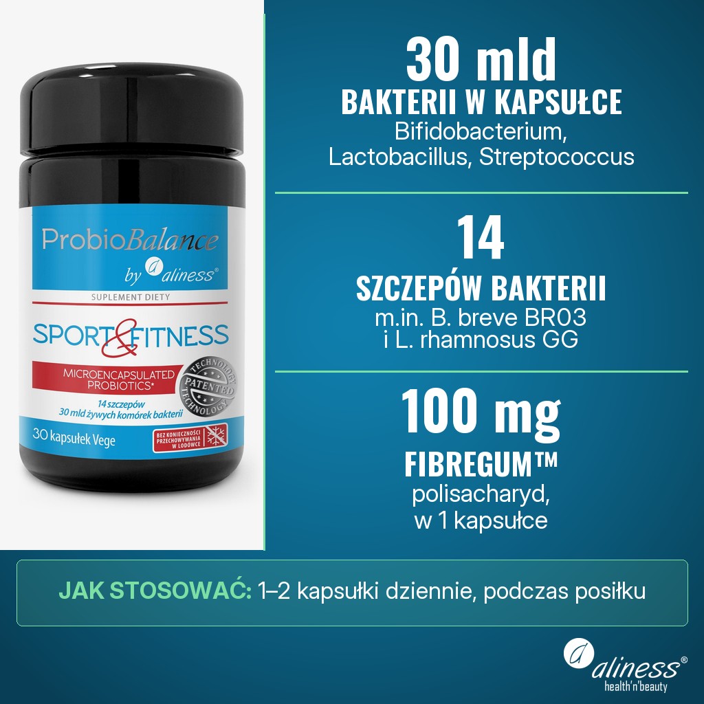 Aliness ProbioBalance Sport & Fitness Balance: 30 mld bakterii z 14 szczepów i 100 mg polisacharydu Fibregum™ w kapsułce