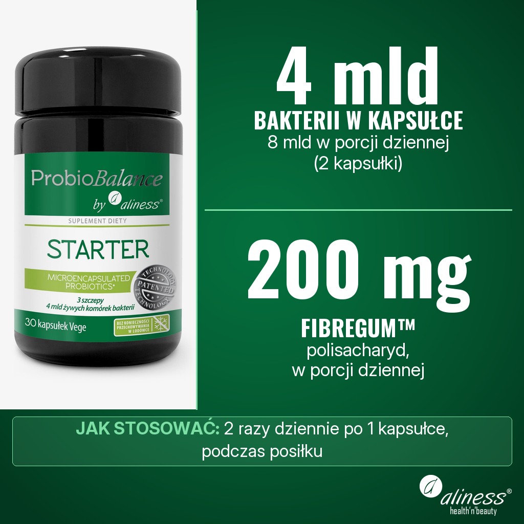 Aliness ProbioBALANCE STARTER: 4 mld bakterii w kapsułce i 200 mg polisacharydu Fibregum™ w porcji dziennej