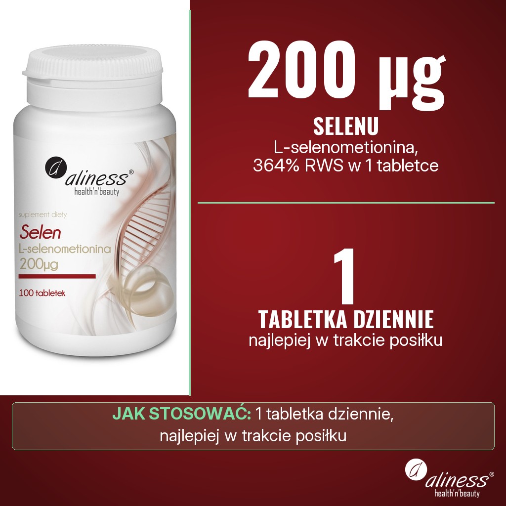 Aliness Selen L-selenometionina 200 µg: 200 µg selenu (L-selenometionina, 364% RWS) w 1 tabletce, porcja dzienna 1 tabletka