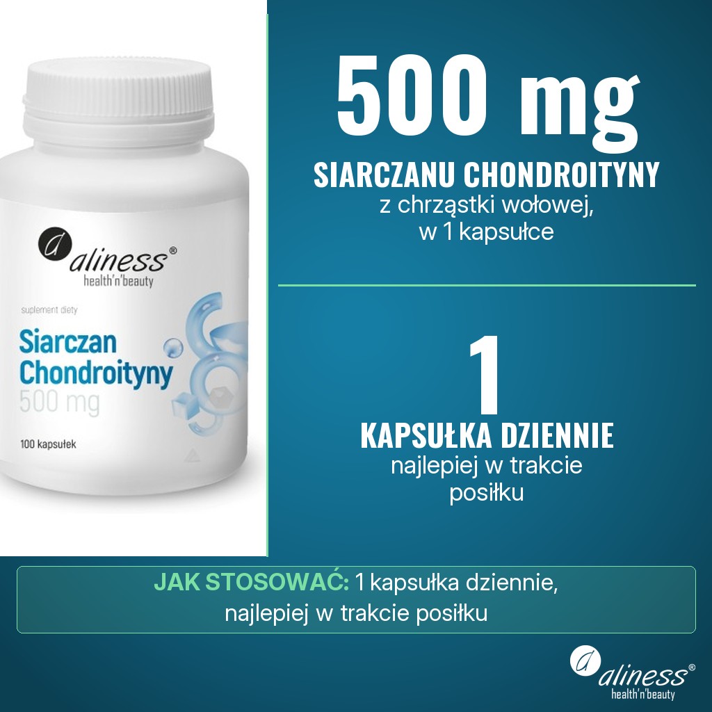 Aliness Siarczan Chondroityny 500 mg: 500 mg siarczanu chondroityny z chrząstki wołowej w 1 kapsułce, 1 kapsułka dziennie, najlepiej w trakcie posiłku