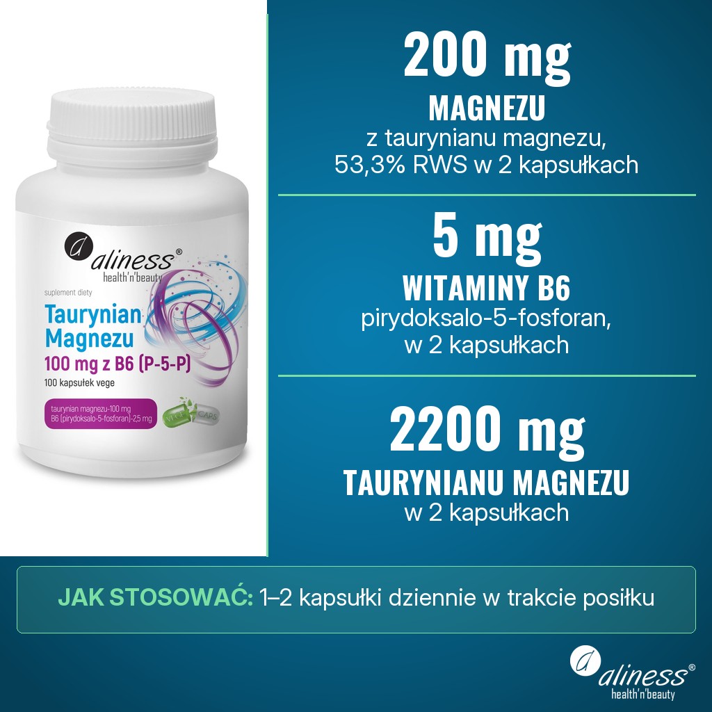 Aliness Taurynian Magnezu 100 mg z B6 (P-5-P): 200 mg magnezu z 2200 mg taurynianu magnezu i 5 mg witaminy B6 (pirydoksalo-5-fosforan) w 2 kapsułkach