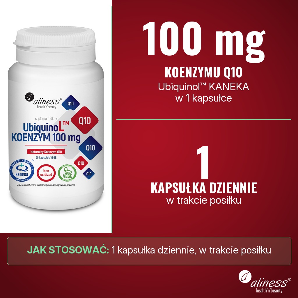 Aliness UbiquinoL KANEKA Naturalny Koenzym 100 mg: 100 mg koenzymu Q10 (Ubiquinol™ KANEKA) w 1 kapsułce, porcja dzienna 1 kapsułka w trakcie posiłku
