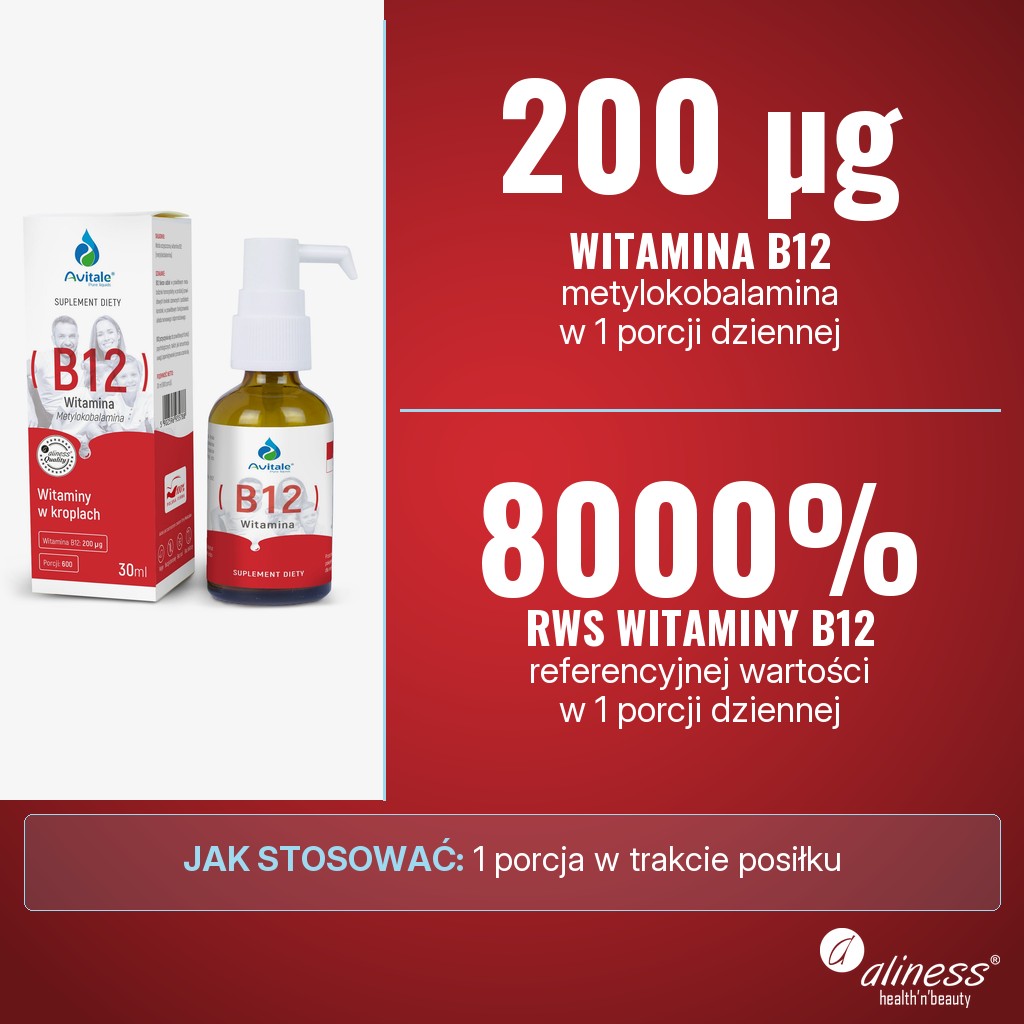 Avitale Witamina B12 200 µg: 200 µg witaminy B12 (metylokobalamina) w 1 porcji dziennej