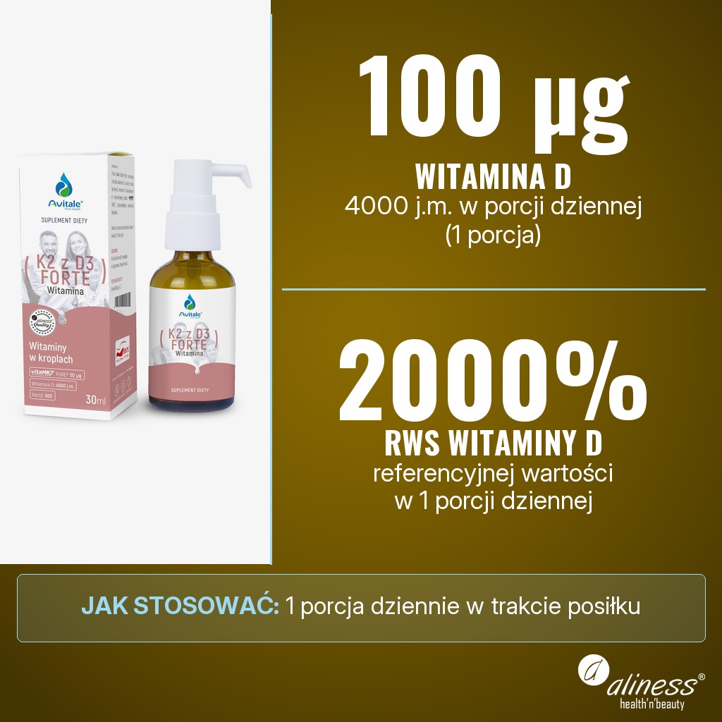 Avitale Witamina D3 FORTE 4000 j.m.: 100 µg (4000 j.m.) witaminy D w 1 porcji dziennej