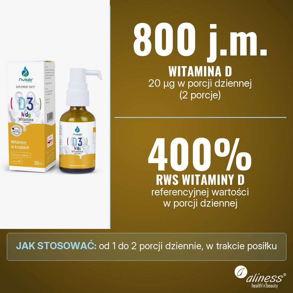 Avitale Witamina D3 KIDS: 20 µg (800 j.m.) witaminy D w porcji dziennej (2 porcje)
