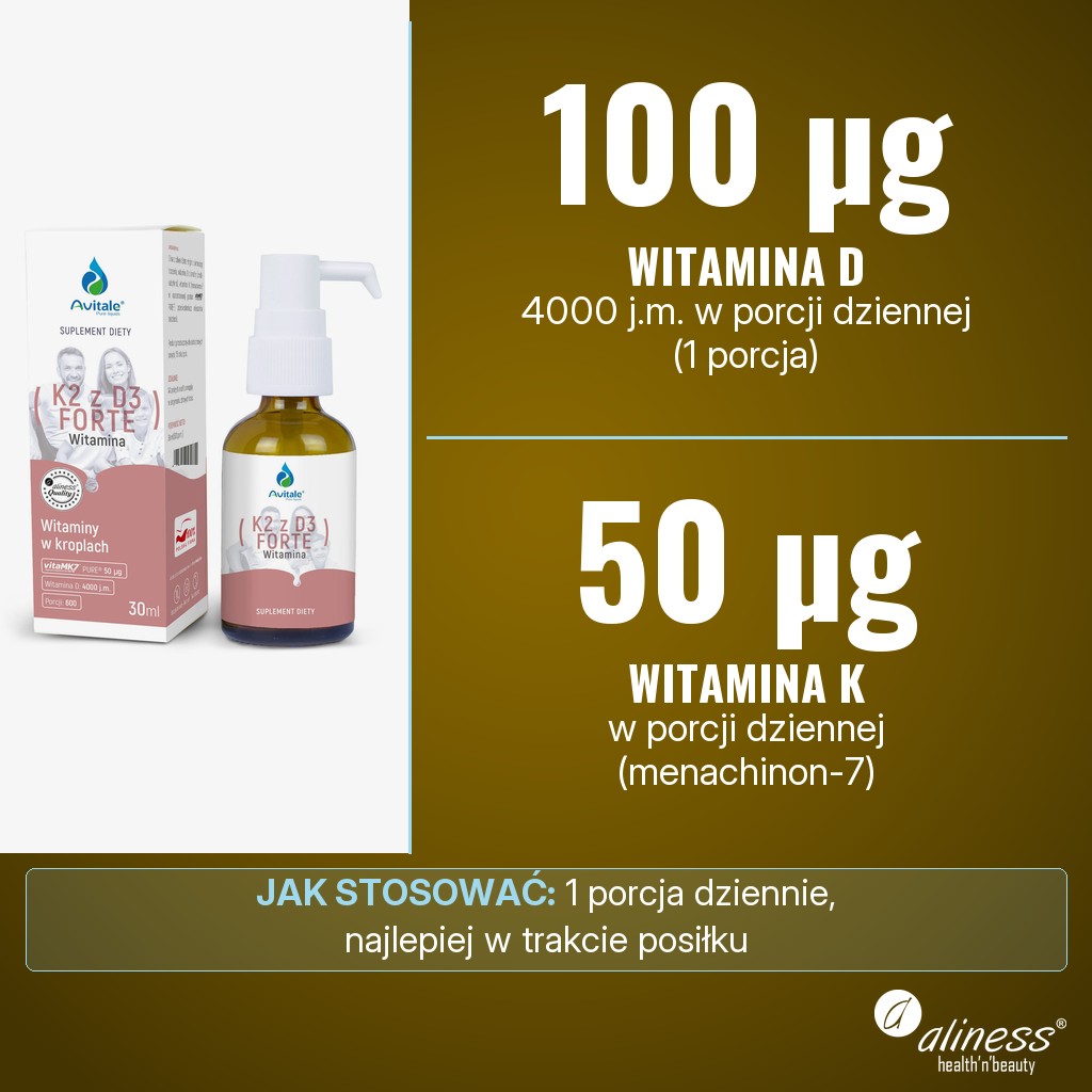 Avitale K2 z D3 FORTE: 50 µg witaminy K i 100 µg (4000 j.m.) witaminy D w porcji dziennej (1 porcja)