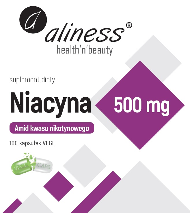 Aliness Niacyna 500 mg, amid kwasu nikotynowego, 100 kapsułek VEGE: front opakowania