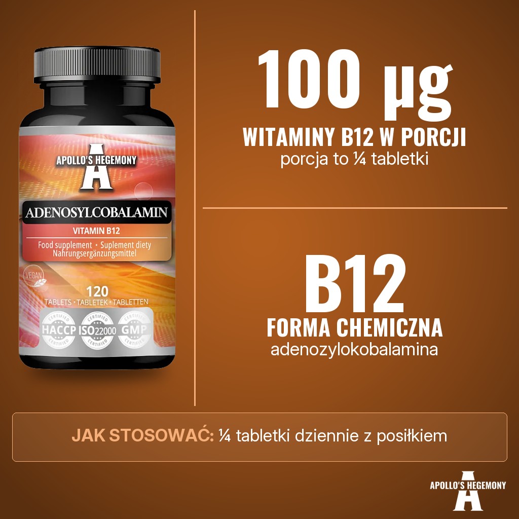 Apollos Hegemony Adenosylcobalamin: 100 µg witaminy B12 w porcji ¼ tabletki, w formie adenozylokobalaminy