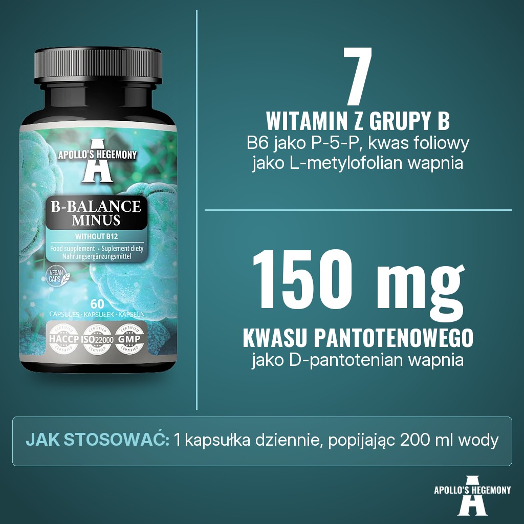 Apollos Hegemony B-Balance Minus: 7 witamin z grupy B w kapsułce, B6 jako pirydoksalo-5-fosforan, kwas foliowy jako L-metylofolian wapnia oraz 150 mg kwasu pantotenowego