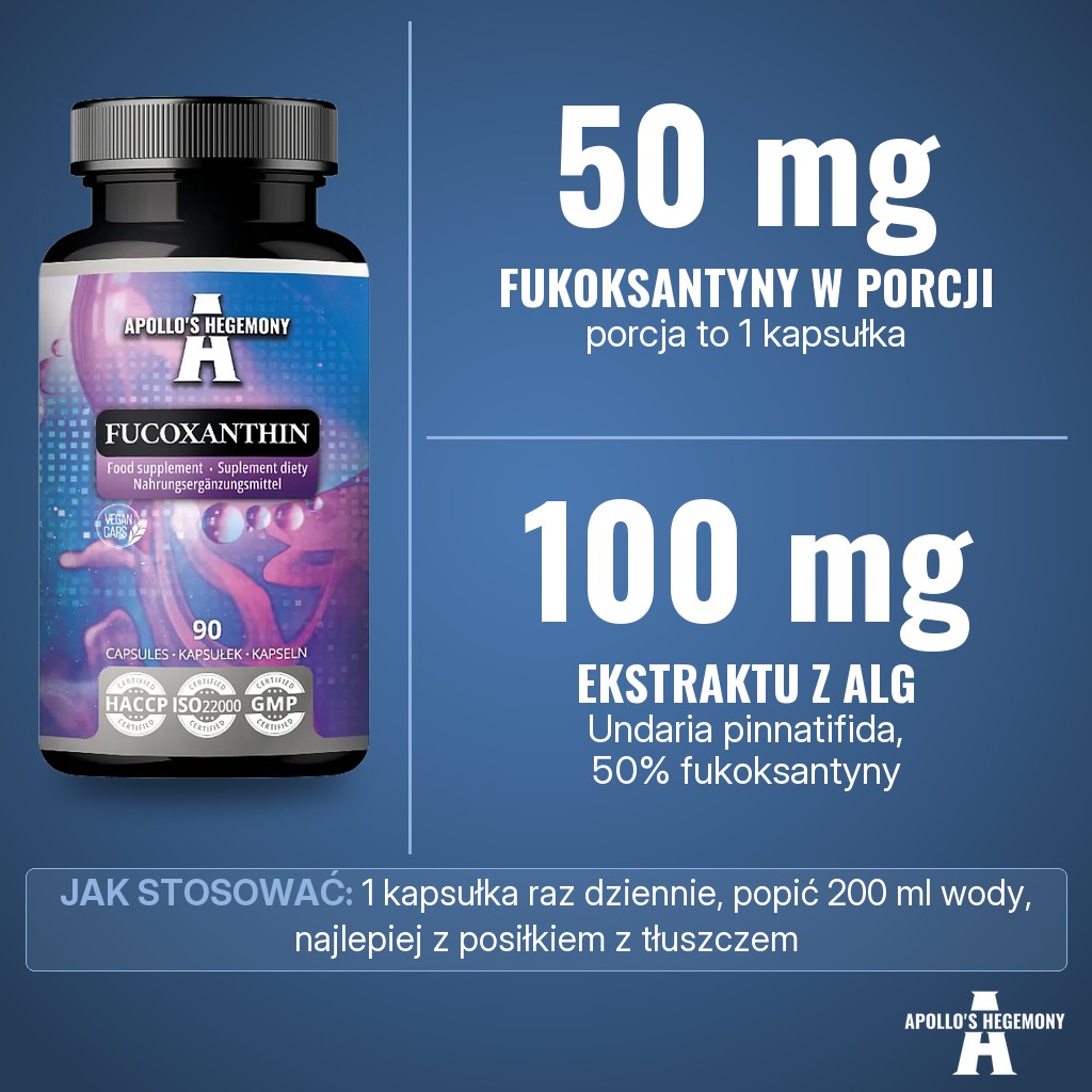 Apollos Hegemony Fucoxanthin: 50 mg fukoksantyny w porcji ze 100 mg ekstraktu z alg Undaria pinnatifida (50% fukoksantyny)