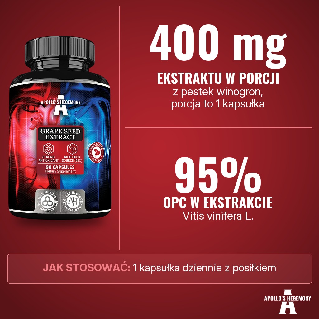 Apollos Hegemony Grape Seed Extract: 400 mg ekstraktu z pestek winogron (Vitis vinifera L.) 95% OPC
