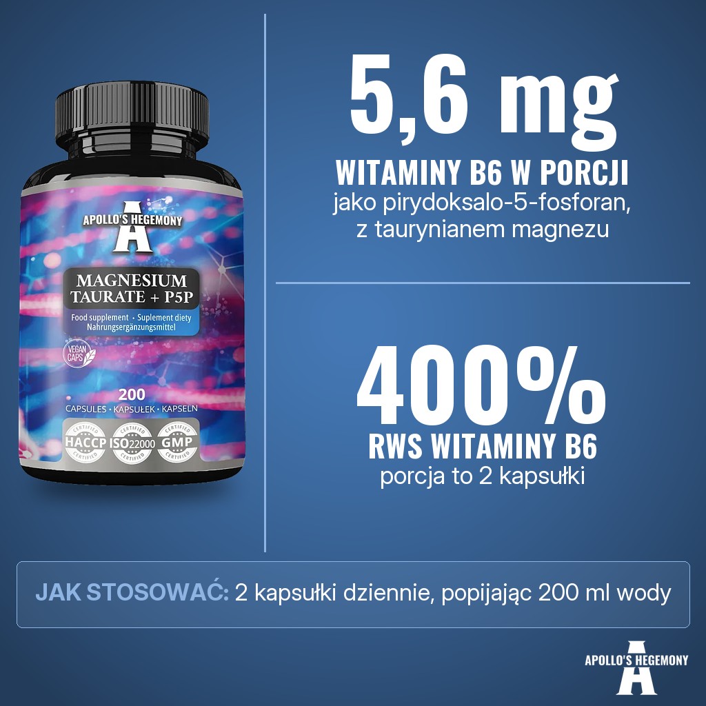 Apollos Hegemony Magnesium Taurate + P5P: magnez z taurynianu magnezu i 5,6 mg witaminy B6 jako pirydoksalo-5-fosforan w porcji 2 kapsułek, 400% referencyjnej wartości spożycia witaminy B6