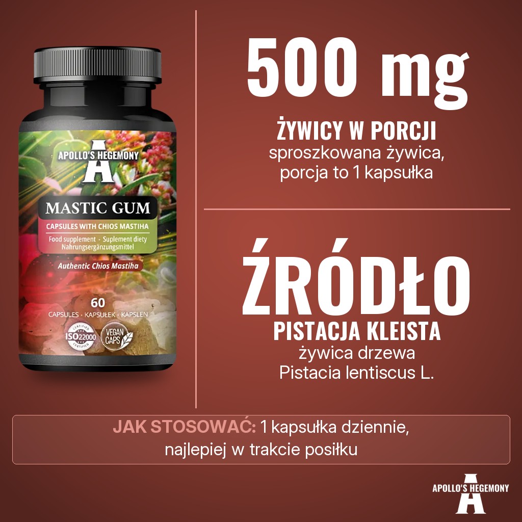 Apollos Hegemony Mastic Gum: 500 mg sproszkowanej żywicy drzewa pistacji kleistej (Pistacia lentiscus L.) w porcji