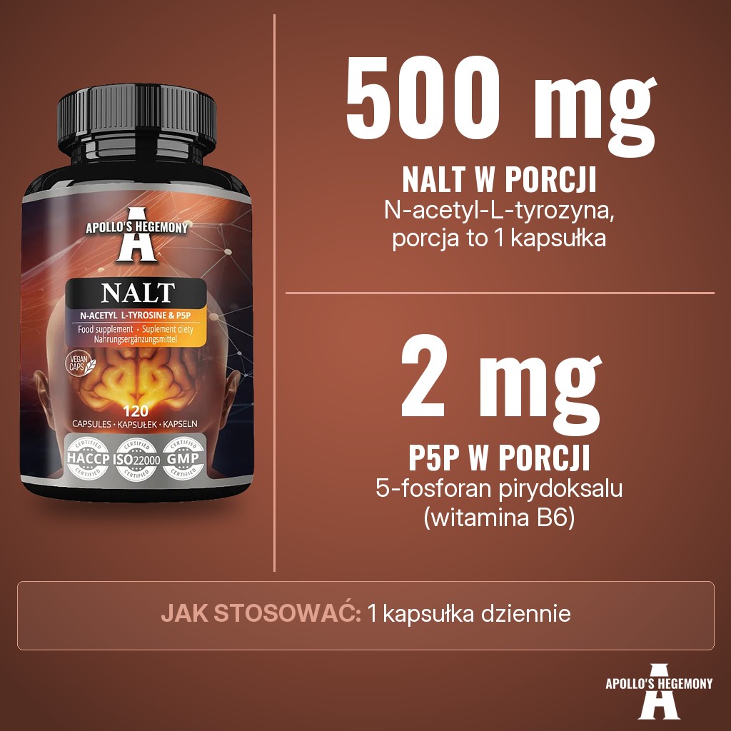 Apollos Hegemony NALT: 500 mg N-acetyl-L-tyrozyny i 2 mg 5-fosforanu pirydoksalu (P5P) w kapsułce